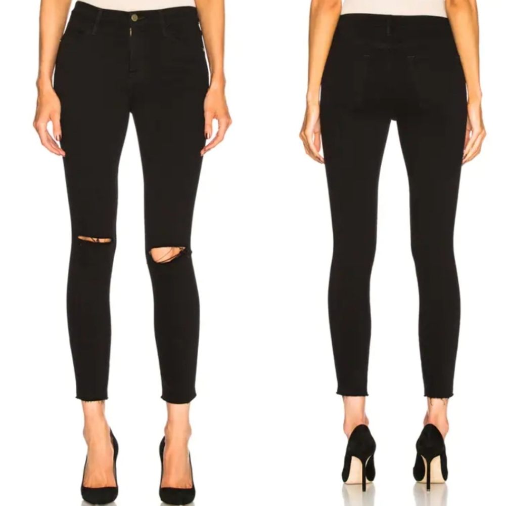 FRAME Le High Skinny Slit Crop Jeans In Black Size 27